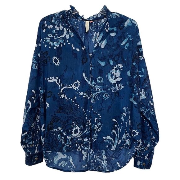 Anthropologie Pilcro Tavi Long Sleeve Flowy Blouse Ruffle Indigo Dyed Blue Small - Picture 1 of 10